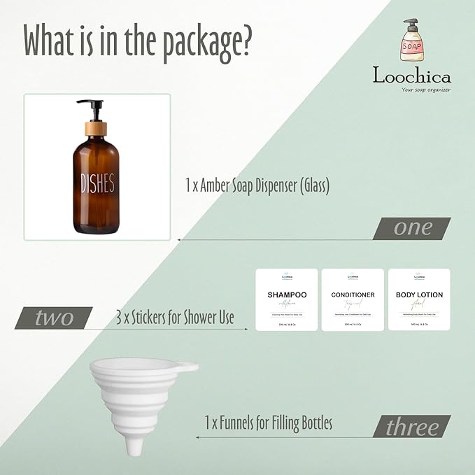 LOOCHICA Dish Amber Glass Soap Dispenser with Plastic Pump, 16 Oz Brown Dish Soap Dispenser Set Refillable Reusable Apothecary Soap Pump Dispenser Bottles for Bathroom and Kitchen