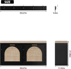 Rattan Narrow Entryway Bench with Shoe Storage, 2 Flip Drawers & Coat Rack, Mid-Century Modern Wood Shoe Cabinet with Seat Cushion for Foyer/Hallway (Black)