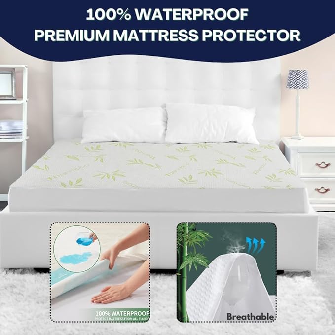 Bamboo Mattress Protector with Zipper - 100% Waterproof Full Size Cooling Mattress Cover - Ultra Soft Jacquard Fabric Breathable Noiseless Mattress Pad Cover - Zippered Mattress Encasement