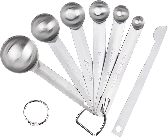 Upgrade Stainless Steel Measuring Spoons Set, Small Tablespoon, Teaspoons, Set 6 with Bonus Leveler, Etched Markings and Removable Clasp for Dry and Liquid, Fits in Spice Jars
