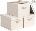 StorageWorks Fabric Storage Bins with Lids, Decorative Storage Bins with PU Handles, Foldable Storage Baskets for Closet, Shelves, Stackable and Sturdy Organization, Beige(Cotton Linen), Jumbo, 3-Pack