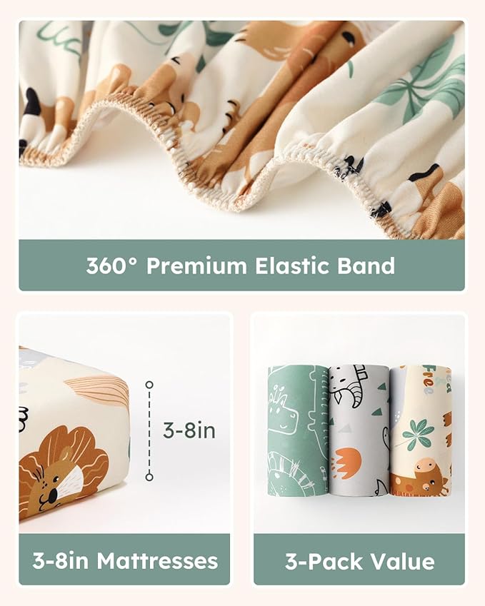 Baby Crib Sheets for Boys Girls, 28x52x8in Fitted Crib Sheet Neutral 3 Pack for Standard Crib and Toddler Mattress, Breathable Soft Microfiber Baby Sheet Green & Apricot Lion