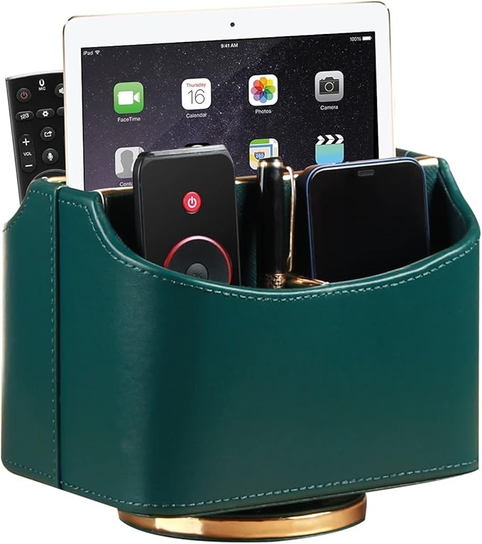 Leather Remote Control Holder for Table, 360 Degree Spinning TV Remote Caddy, Bedside Desk Organizer for DVD, Media, Blu-Ray, Heater Controllers, Mobile Phone, Glasses and Office Supplies Storage