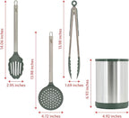 Glad Kitchen Utensils Set, 8pcs - Nonstick Cooking Tools with Stainless Steel Handles & Rotating Utensil Holder - Turners, Ladle, Spoon, Tongs, Spaghetti Server, and Skimmer - Dishwasher Safe, Green
