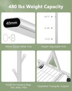 Hoctieon 1-Minute Assembly Clothes Rack, 480 lbs Heavy Duty Rolling Clothing Racks with Wheels, Foldable Garment Rack, Extendable Hanging Bar, Adjustable Metal Pole with Hooks, White