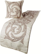 The HomeCentric Handmade Ivory & Beige King 90 x 18 inch Bed Runner with Matching Pillow Cover, Linen Lurex Applique Bed Scarf, Abstract Modern - Pretty Dainty