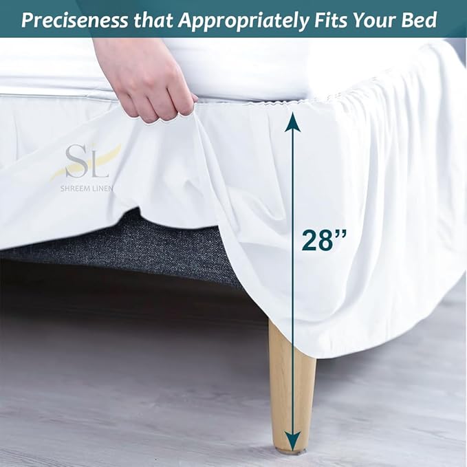 Shreem Linen Ruffled Bed Skirt with Split Corners, Gathered Style, 100% Microfiber, 28-Inch Drop, Dust Ruffle Bedskirt with Platform, Olympic Queen, White