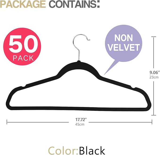 Hangers 50 Pack,Ultra-Thin Plastic Clothes Hangers (17.7 Inch) - Space-Saving Slim Hangers with Non-Slip Grooves for Wardrobe, Closet & Dorm Organization(Black)