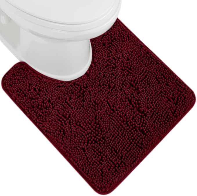 GORILLA GRIP Plush Absorbent Shaggy Chenille Bath Rug Mat for Oval Toilet Base with Rubber Backing, Machine Washable Rugs, Soft Microfiber Contour Mats for Toilets, Bathroom Decor, Burgundy