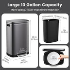 ELPHECO Kitchen Trash Can with Lid Soft Close, 13 Gallon / 50L Stainless Steel Pedal Garbage Can, Heavy-Duty Step Wastebasket with 20 Bags, Removable Bucket, Home Office, Titanium Silver
