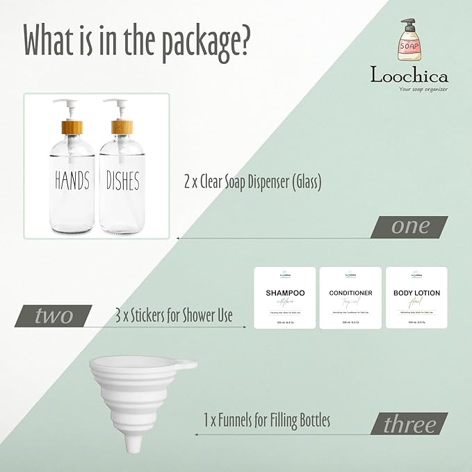 LOOCHICA 2 Pack Clear Glass Soap Dispenser with Plastic Pump, Transparent Dish and Hand Soap Dispenser Set, Refillable Reusable Apothecary Soap Pump Dispenser Bottles for Bathroom and Kitchen