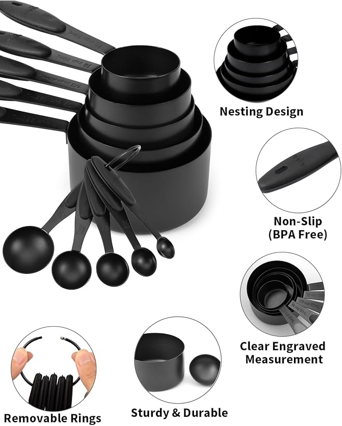 Joyhill Measuring Cups and Spoons Set of 10 Piece, Stainless Steel Measuring Cups with Soft Touch Silicone Handles, Nesting Metal Measuring Cup for Dry & Liquid Ingredients, Cooking & Baking (Black)