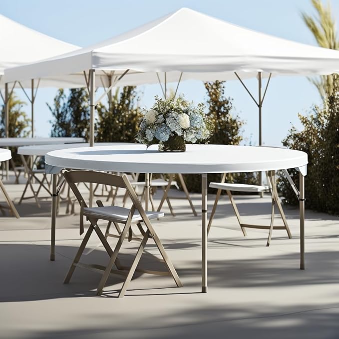 PRO&Family Commercial Round Folding Table, White Top, Powder-Coated Steel Frame, High-Impact Polyethylene Construction, Perfect for Wedding, Party, Shool, Church. (1, 72" Bi-Fold)