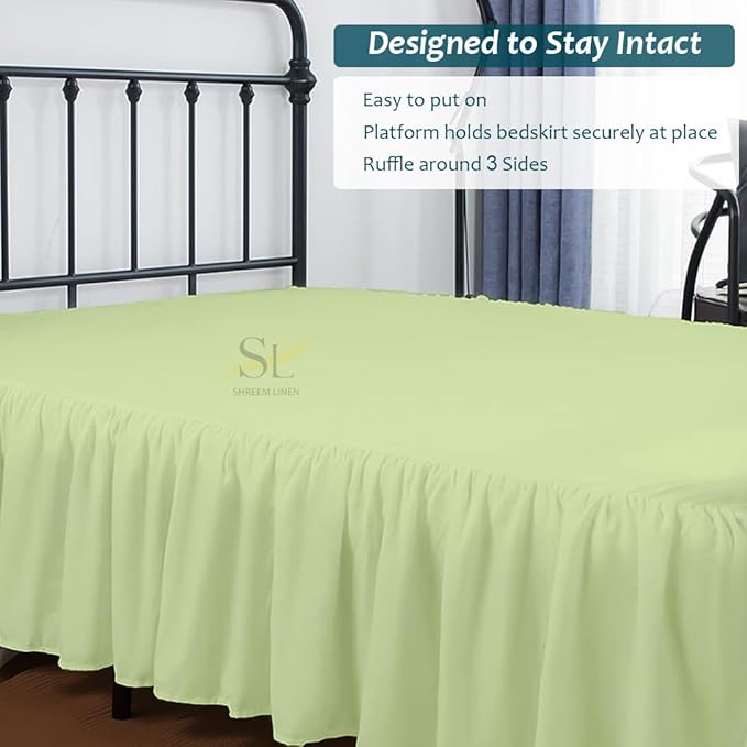 Shreem Linen Ruffled Bed Skirt with Split Corners, Gathered Style, 100% Microfiber, 18-Inch Drop, Dust Ruffle Bedskirt with Platform, Twin-XXL, Sage