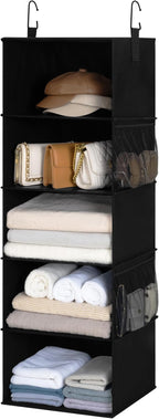 StorageWorks Hanging Closet Organizer, 5-Shelf Hanging Shelves with 2 Hooks, Foldable Space-Saving Design, Closet Organizers and Storage for Bedroom, Dorm, Locker, Black