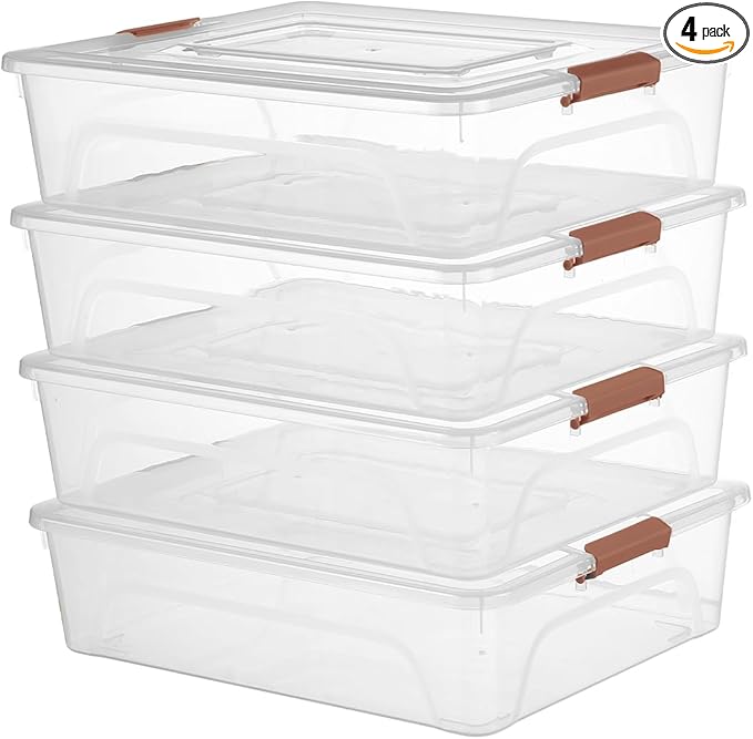 novelinks Clear Plastic Storage Bins with lids, Stackable Storage Containers, Durable Craft Storage Boxes, Organization Containers for Home Office (10 Quart 4 Pack Brown)