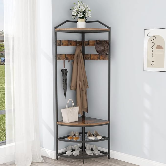 GiftGo Corner Hall Tree with Shoe Bench Entryway Coat Rack with 10 Metal Movable Hooks Floor Standing Clothes Rack Shoes Shelf Organizer for Home Office Bedroom (Rustic Brown)