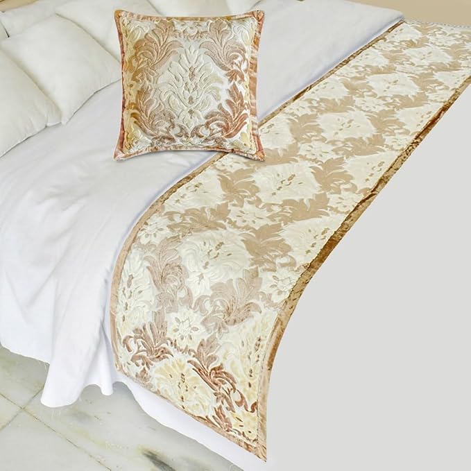 The HomeCentric King/Queen/Twin Beige Decorative CA King 86"x18" Bed Runner with Two Pillow Cover, Damask Bed Scarf on Velvet Fabric - Emmeline