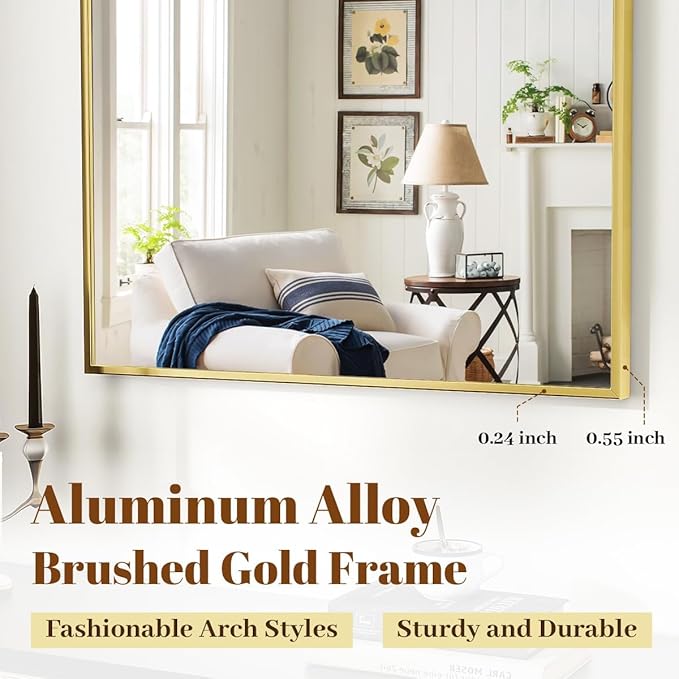VooBang Wide Arched Wall Mirror, 31 x 32 inch Arch Bathroom Mirror, Wall Mounted Vanity Mirror with Arch Metal Frame, Modern Bathroom Vanity Mirror for Bedroom, Living Room, Hanging or Leaning, Gold