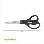 Fiskars 8” Everyday Stainless Steel Scissors (1-Pack) with Ergonomic Handles, Home & Office Scissors for Cutting Paper, Cardboard, Photos and More, Gray