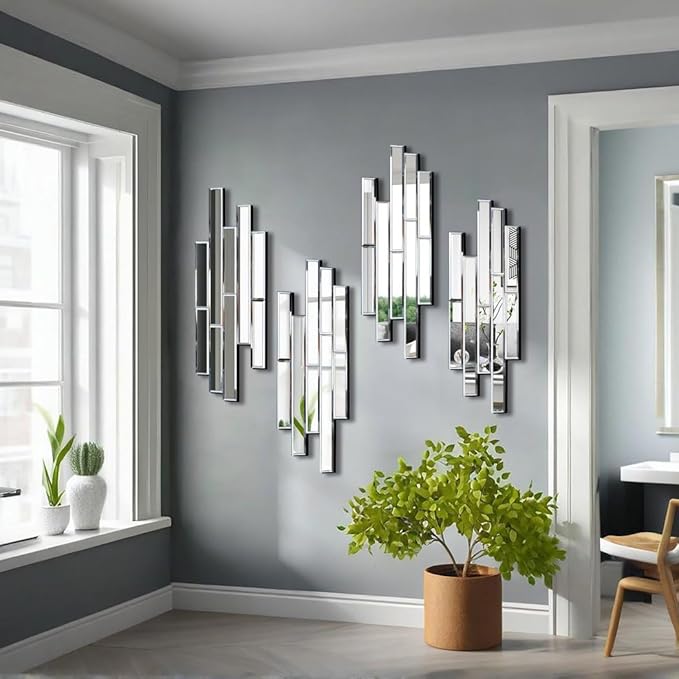 Artisan Set of 4 Silver Beveled Wall Decor Mirrors - 24x8 Inch Each, Creative Combination Design for Modern & Farmhouse Home Decor, Shatter-Resistant Glass with Wood Backing