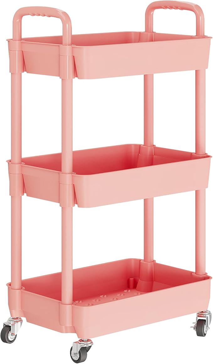 Laiensia 3-Tier Rolling Cart with Wheels,Multifunction Utility Storage Carts, Kitchen Storage Organizer,Mobile Shelving Unit for Bathroom,Laundry,with Classified Stickers,Pink