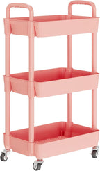 Laiensia 3-Tier Rolling Cart with Wheels,Multifunction Utility Storage Carts, Kitchen Storage Organizer,Mobile Shelving Unit for Bathroom,Laundry,with Classified Stickers,Pink