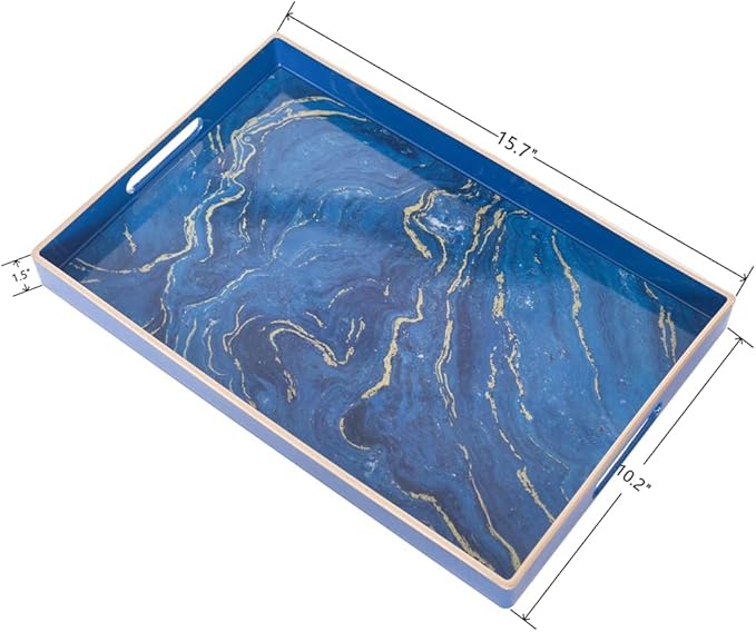 MAONAME Decorative Tray, Plastic Marbling Tray with Handles, Rectangular Coffee Table Trays and Serving Trays for Ottoman, Bathroom, 15.7” x 10.2”, Blue