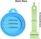 Universal Pet Food Can Lids - 3 Pcs, Squeezable Cat Treat Feeder & Spoon, Green/Blue/Orange Lids, Green Feeder