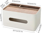 PU Leather Tissue Box Cover Rectangular with Storage Organizer, Multifunctional Remote Control Holder, Desk Organizer for Living Room, Bedroom, Office, Decorative Tissue Holder with Compartments Beige