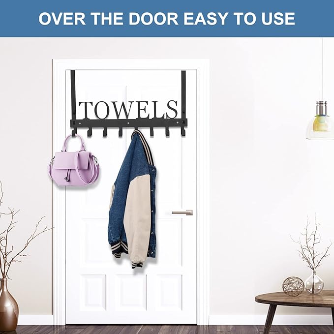 Azmoncy Over The Door Hooks, Towel Rack for Bathroom Towel Holder for Hanging Heavy Duty, Wall Mount Towel Hanger with 8 Hooks for Bedroom Bathroom Pool Kitchen Towels, Bag, Coats, Black