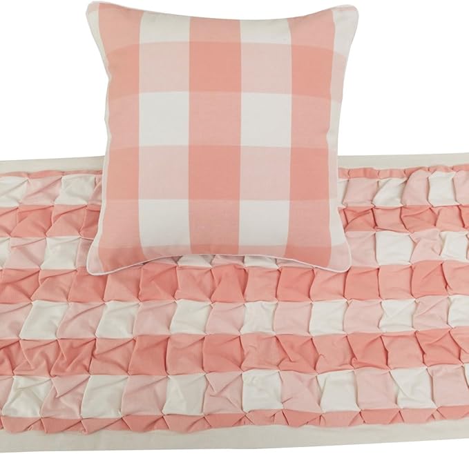 The HomeCentric King/Queen/Twin Peach Pink Decorative King 90"x18" Bed Runner with Pillow Cover, Textured & Buffalo Checks Bed Scarf on Cotton Fabric - Buffalo Plaid Peach