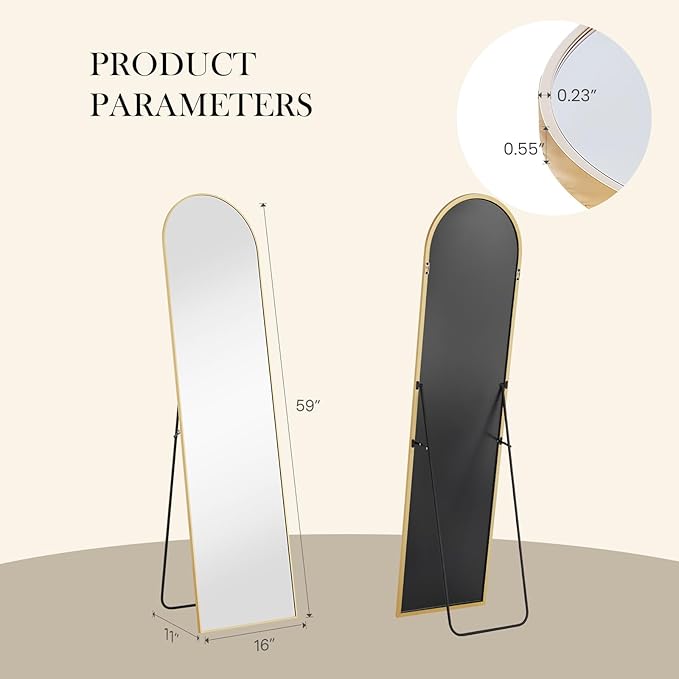 NEWBULIG 59"x16" Arched Full Length Mirror, Full Body Floor Mirror with Aluminum Alloy Thin Frame, Wall or Standing Mirror for Bedroom, Living Room, Dressing Room, Gold