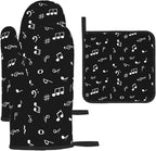 Music Notes Oven Mitts and Pot Holders Sets of 3 Black Hot Pads Musicial Oven Gloves Heat Resistant Non Slip Washable for Kitchen Cooking Grilling Baking