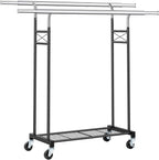FAVOOSTY Clothes Rack for Hanging Clothes Double Rods, Rolling & Extending Clothing Rack with Wheels, Garment Coat Rack Freestanding, Portable Clothes Rack, Black