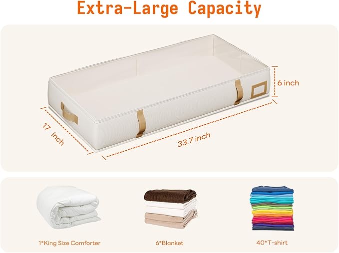 Vailando Under Bed Storage Containers, 6 Inches Tall 60L Underbed Storage Bins with Leather Handles and Sidewalls, Closet Organizer for Clothes, Blankets, Seasonal Items, Beige with Brown, 2-Pack