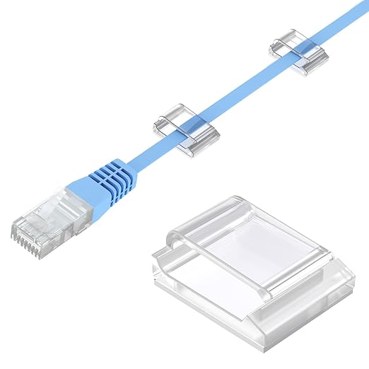 AGPTEK Ethernet Cable Clips, 100 PCS Adhesive Wire Clips, Flat Cord Clips Small Cable Holder Management for Home Wall Flat Ethernet Network Cord Organizer, Decoration Fairy Light Sticky Hooks, Clear