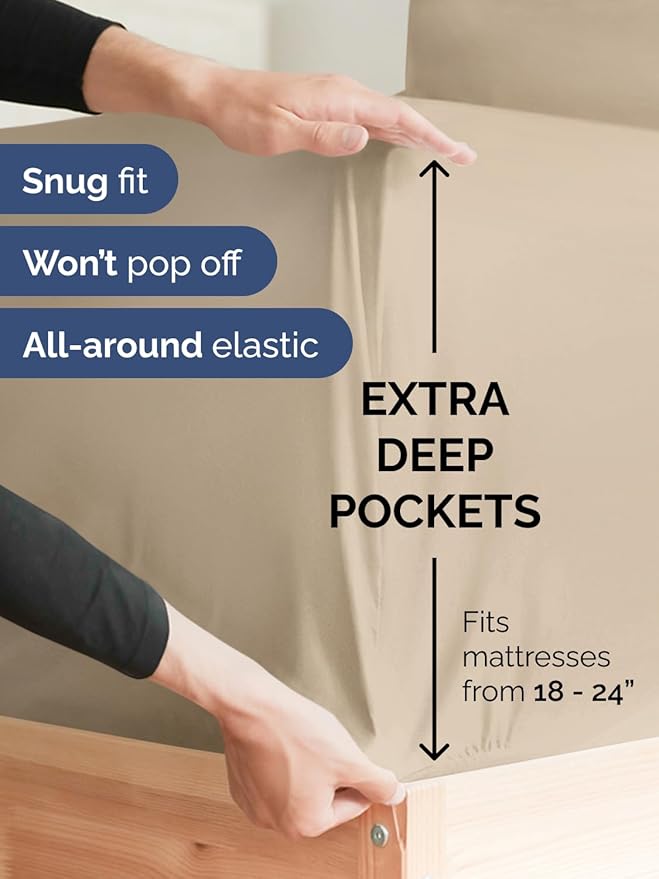Extra Deep Twin XL Fitted Sheet - Hotel Luxury Single Fitted Sheet Only - Easily Fits 18 inch to 24 inch Mattress - Ultra Soft, Wrinkle & Fade Free w/Extra Deep Pockets - Breathable & Comfy - Cream