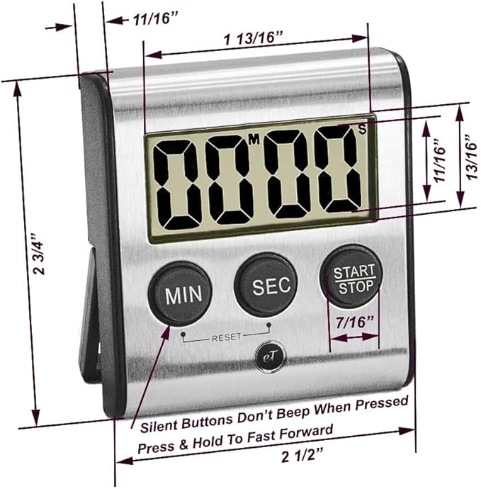 Elegant Digital Kitchen Timer - Stainless Steel Model eT-23, Super Strong Magnetic Back, Loud Alarm, Large Display, Auto Memory, Auto Shut-Off by eTradewinds