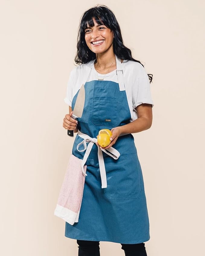 Caldo Daily Cotton Kitchen Apron for Cooking - Mens and Womens Professional Chef or Server Bib Apron - Adjustable Straps with Pockets and Towel Loop (Vintage Blue)