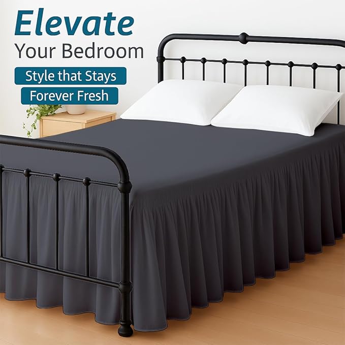 Shreem Linen Ruffled Bed Skirt with Split Corners, Gathered Style, 100% Microfiber, 15-Inch Drop, Dust Ruffle Bedskirt with Platform, Twin-XL, Dark Grey