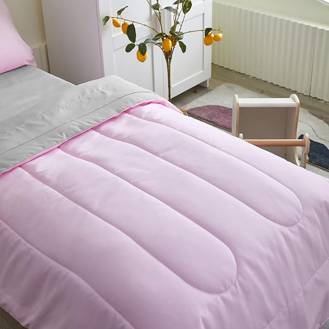 UOZZI BEDDING 4 Pieces Toddler Bedding Set Ultra Soft and Breathable Toddler Sheet Set - Includes Comforter, Flat Sheet, Fitted Sheet and Pillowcase - Pink & Gray