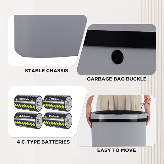 PayLessHere | 13 Gallon Plastic Trash Can | Gray | Automatic Touchless Lid with Motion Sensor | Kitchen Garbage Can with Waterproof Design | for Home, Office, Bathroom | Pack of 1
