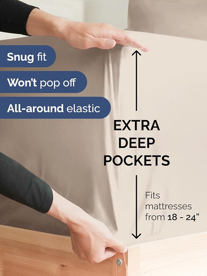 Extra Deep Cal King Fitted Sheet - Hotel Luxury Single Fitted Sheet Only - Easily Fits 18 inch to 24 inch Mattress - Ultra Soft, Wrinkle & Fade Free w/Extra Deep Pockets - Breathable & Comfy - Wheat