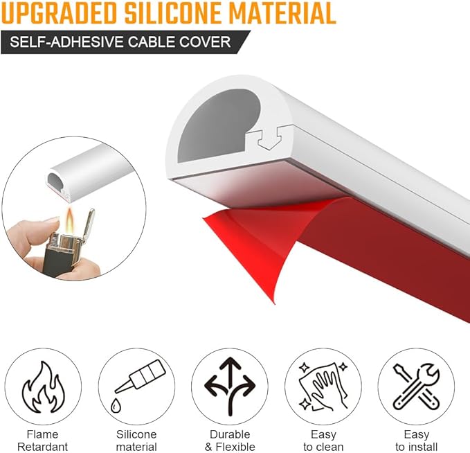 AUAUY 78" Cord Hider for Wall Mount TV, Self Adhesive Silicone Cord Covers, Flexible Hiding Wires on Wall, Cable Cover Raceway Kit for Wires, Home Office, Walls & Floors, White(0.55" W x 0.43" H)
