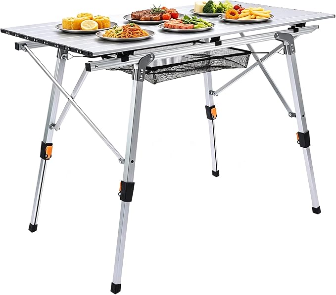 JOUYEK Folding Outdoor Camping Table with Adjustable Legs, Lightweight Aluminum Roll Up Camp Table with Carrying Bag, Mesh Storage Organizer, for Cooking, Picnic, Beach, Backyards, BBQ, Party