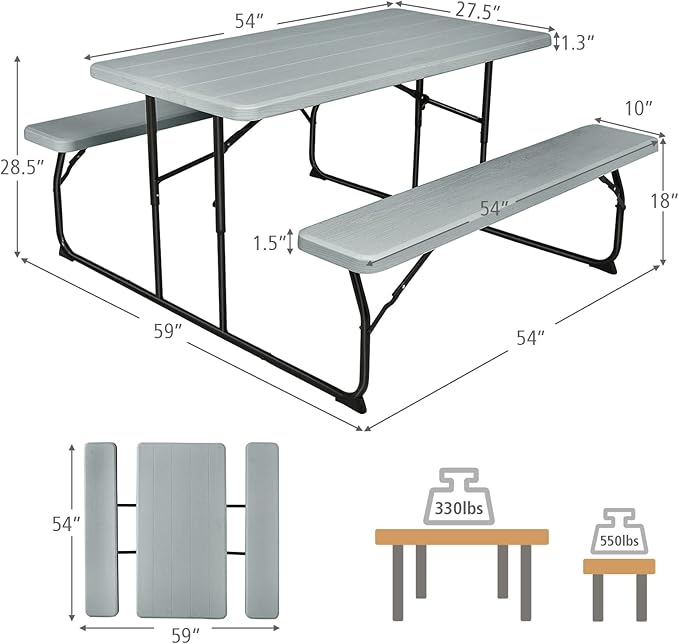 GYMAX Picnic Table, 550 LBS Folding Picnic Tables with Benches & Seats, Weather-Resistant Easy Setup Portable Picnic Table, Wood-Like Foldable Picnic Tables for Outdoors Patio Deck Party BBQ (Grey)