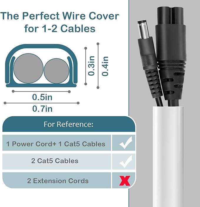 Wire Covers for 2 Cords, 116.5in Cord Hider On Wall Mounted, White Cord Cover Kit, Cable Cover Paintable, Cable Concealer for Extension Cord, Ethernet Cable, Speaker Wire Hider, W0.7in H0.4in