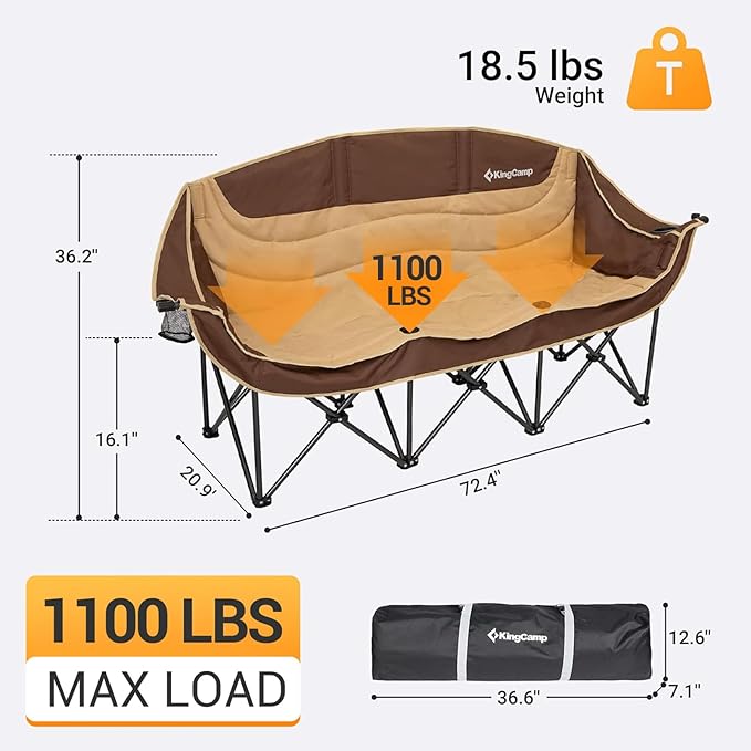 KingCamp 3 Person Camping Chair, Oversized 1100lbs Heavy Duty Loveseat for Adults Portable Folding XL 2 Person Couch Padded Comfortable Three Seat with Cup Holder for Outdoor Lawn, Khaki/Coffee