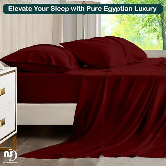 NON Sticky cotton Full Size Sleeper Sofa Sheets, 4 Piece Egyptian Cotton Bed Sheet Set for Sofa Bed, 6" Deep Pocket Fitted Sheet for Pull Out Couch Mattress, 54" x 75", Burgundy Solid